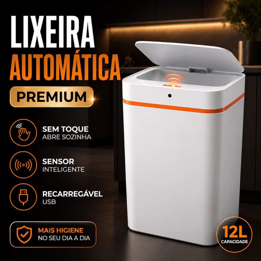 Lixeira Inteligente Automática 12L Sensor USB Cozinha Moderna Sem Toque Cozinha Banheiro Bebê