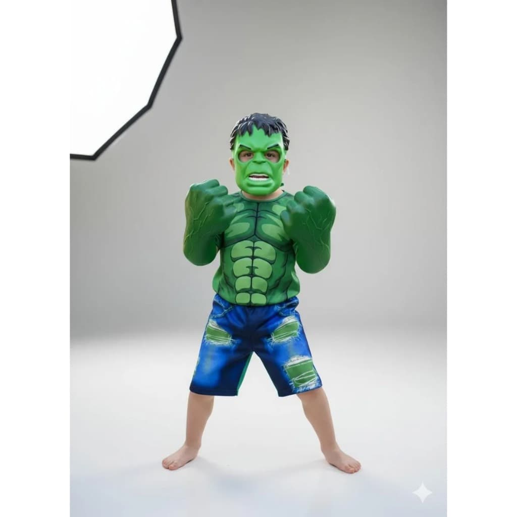 Fantasia Infantil Hulk Curta Com Máscara E Luvas De Plástico