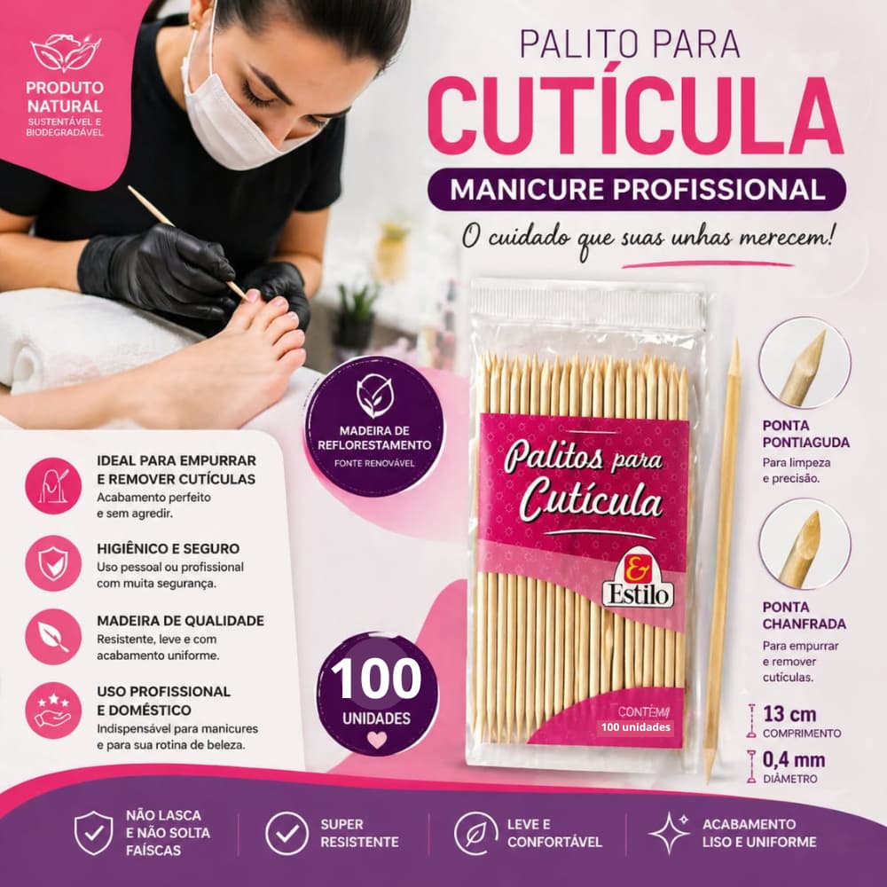Palitos de Unha Manicure Pedicure Podologas Cuticulas 100% Madeira