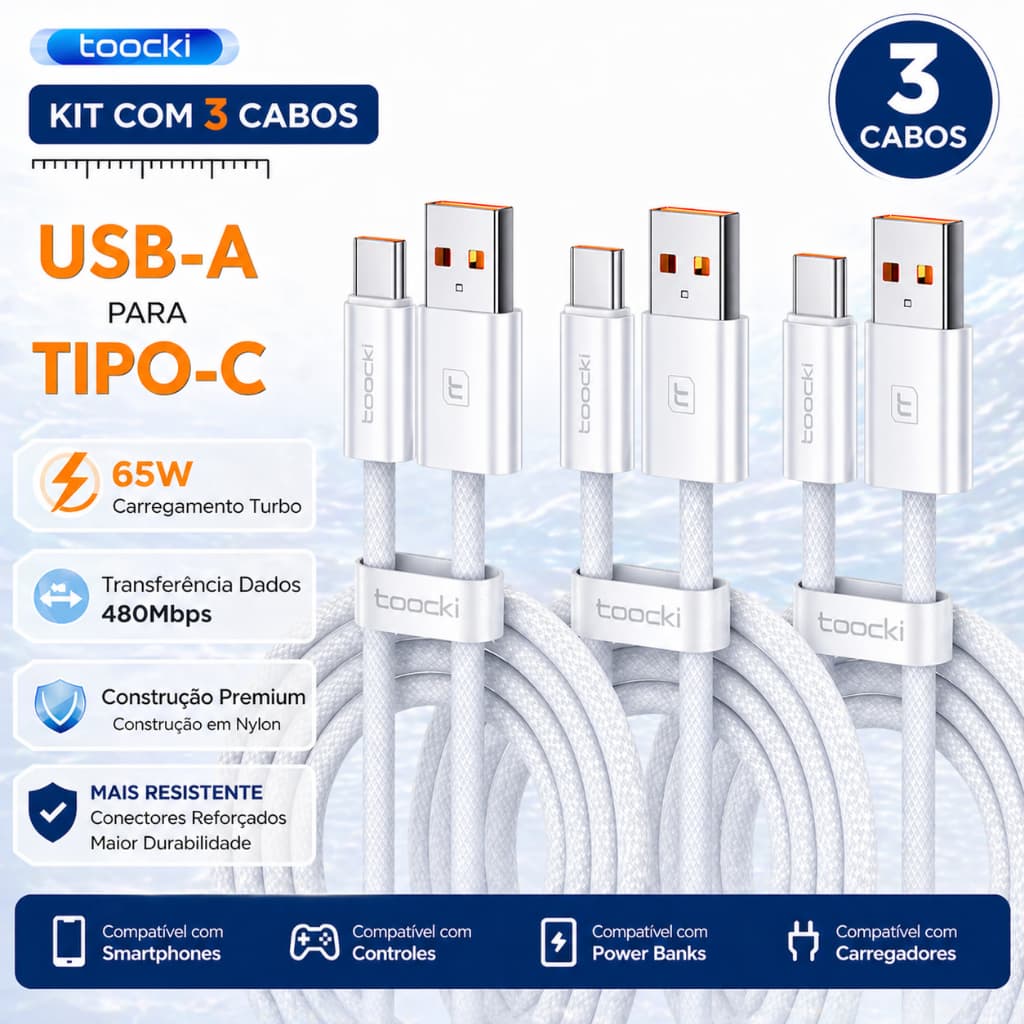 Kit 3 Cabo Toocki  USB Tipo C 65W Turbo Carregamento Rápido Nylon 1m /  2m / REFORÇADO