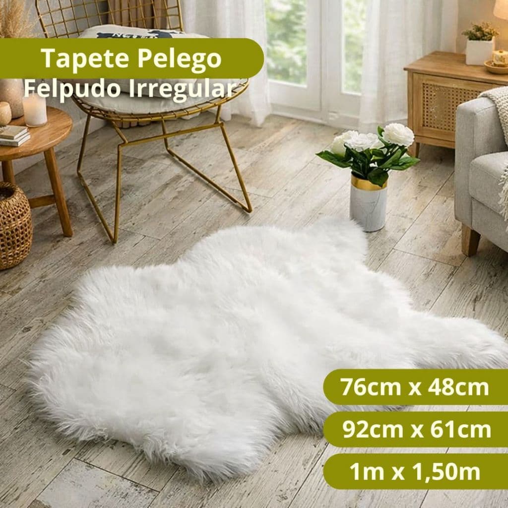 Tapete Pelego Felpudo Irregular Branco 76x48cm ou 92x61cm para Decoração e Fotos