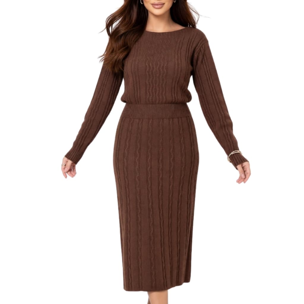 Conjunto Feminino Mousse Saia Midi e Blusa Suéter Tricot Mousse Inverno Manga Longa
