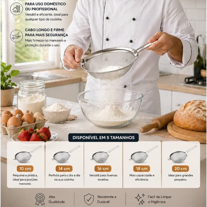Peneira pra Cozinha Aço Inox Resistente com Cabo longo e Firme de 10cm 14cm 16cm 18cm 20cm Multiuso