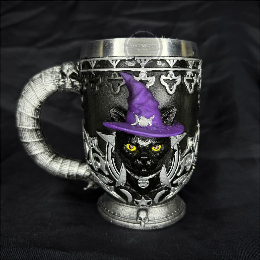 Caneca/Copo Gato Preto Wicca Bruxa Mistíco 3D Resina