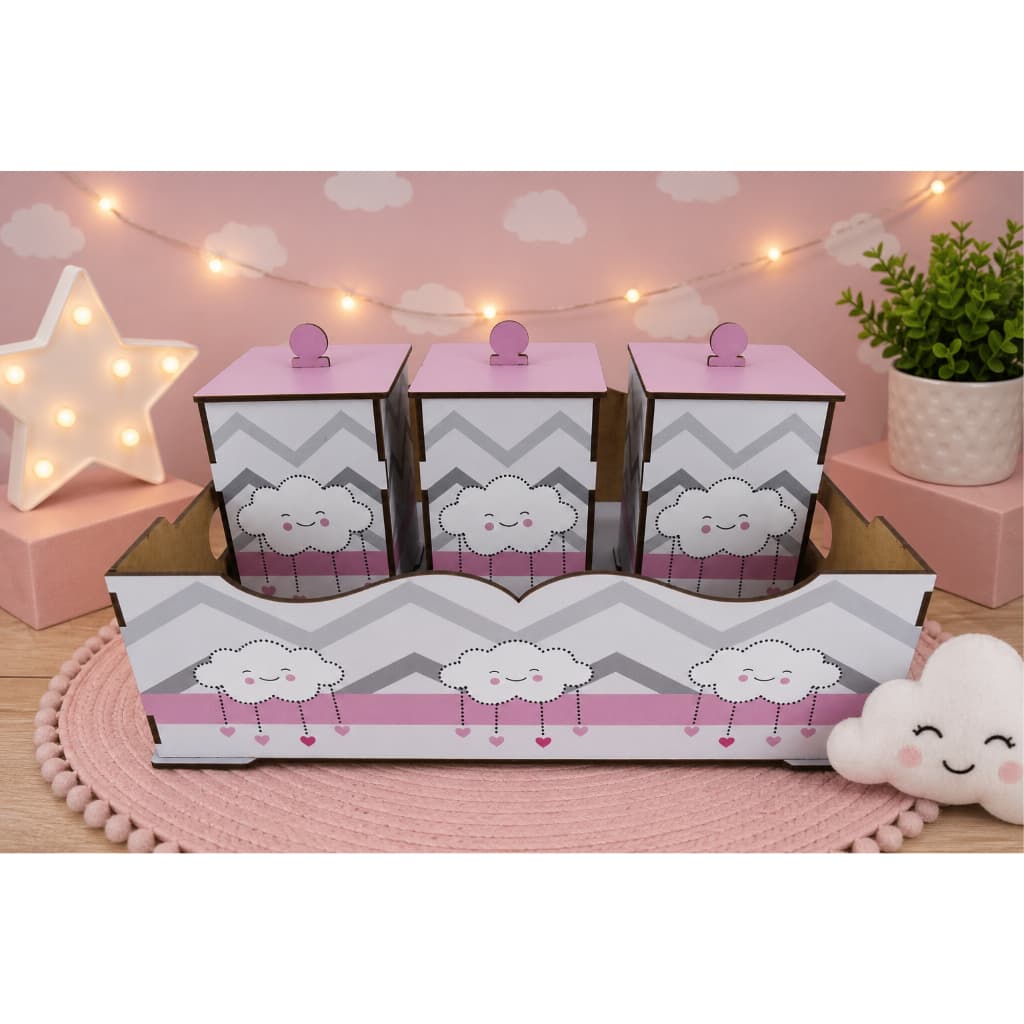 Kit Bebê Bandeja E Potes Higiene Decoração Nuvem Rosa Mdf