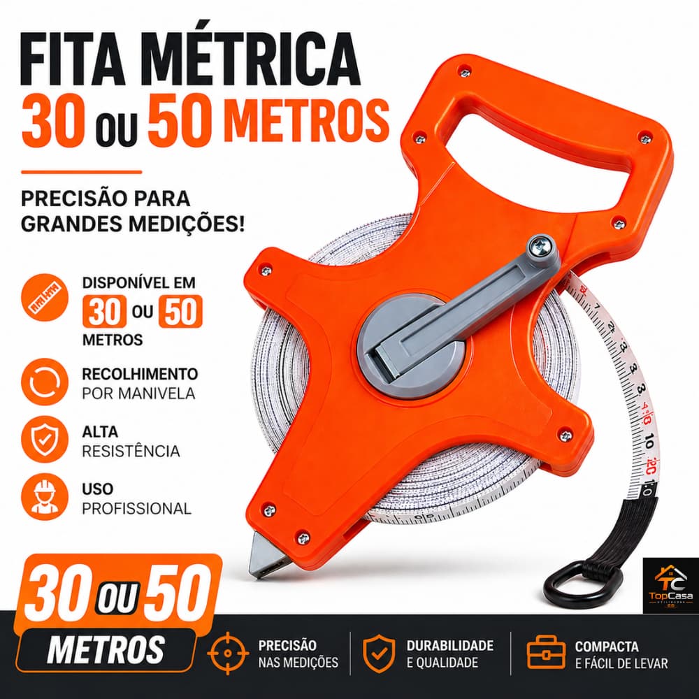 Trena Fita Métrica 30 ou 50  Metros Com Manivela Trena Longa Profissional Para Obras e Construção