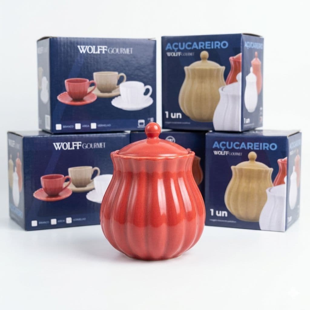 01 Açucareiro wolff vermelho cerâmica com tampa -cozinha luxo decorativo pote para açucar com tampa.