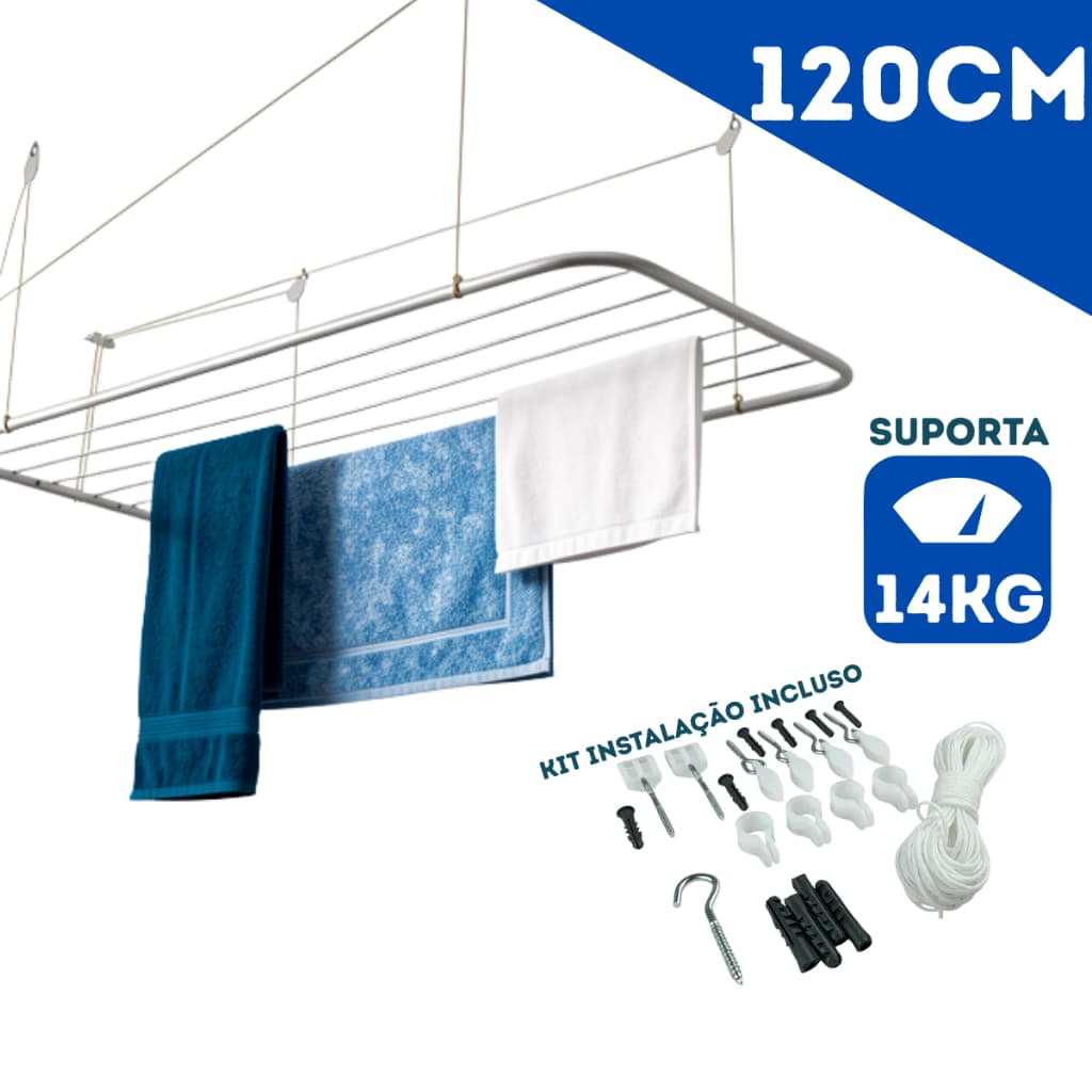 Varal de Teto 120cm Mor Inox em Alumínio Suporta 14kg