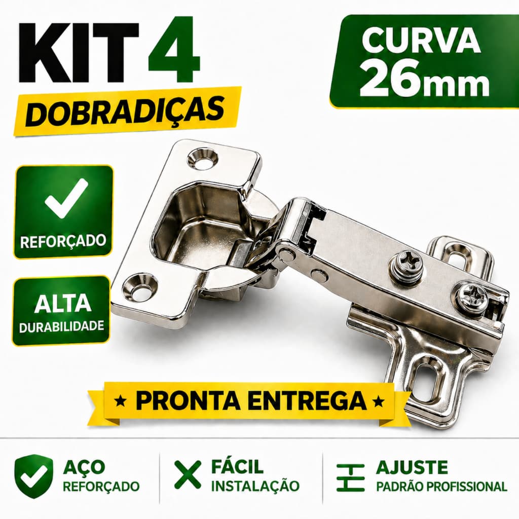 Kit 4 Dobradiça 26mm Curva Armário Porta Móveis Cozinha Guarda Roupa