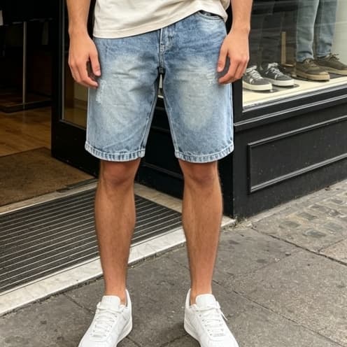 Bermuda Jeans Masculina Desgastada, Estilo Street, Reta Larga