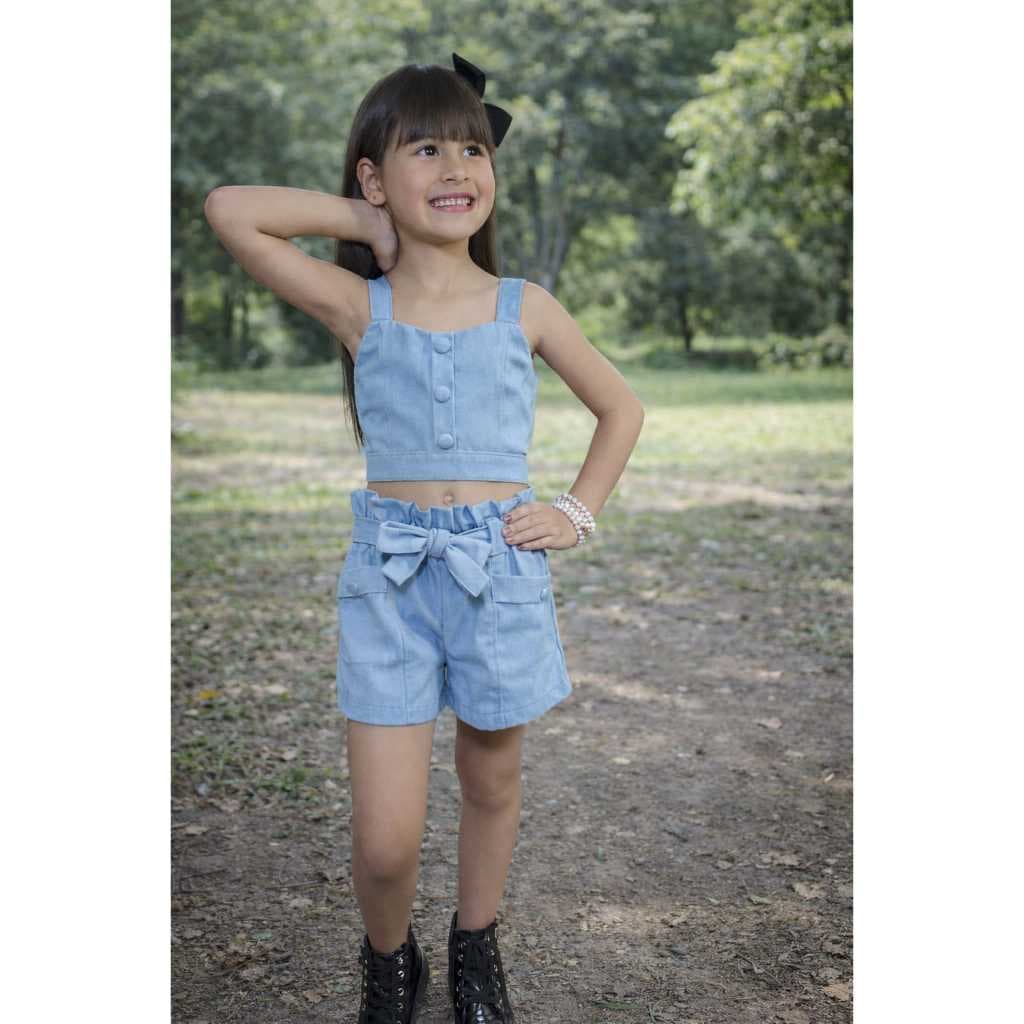 Conjunto Linho Infantil Cropped e Short Roupa de Menina Tendência Look blogueirinha menina Roupa infantil fashion