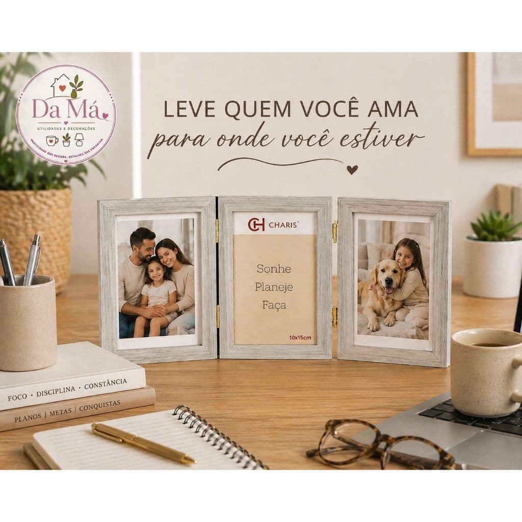 Porta Retrato Triplo 10x15 com Moldura Marrom Enfeite Decorativo para Sala Quarto Escritório Mesa