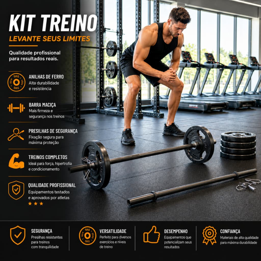 Kit Treino Musculação Aula Pump - Barra + Ate 20Kg De Anilhas Pintada + Presilhas Treino Peso