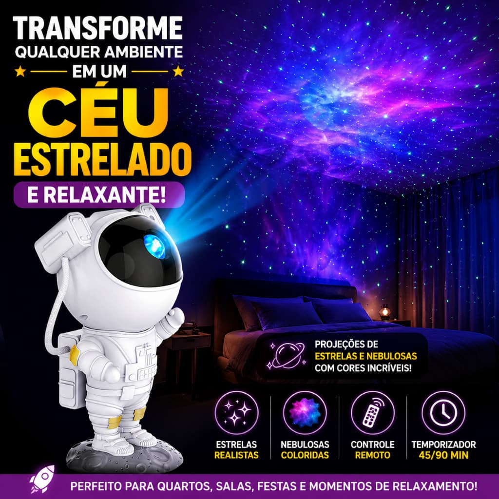 Projetor Astronauta Luz Estelar com Controle Remoto Galaxy 360° USB Luminária Quarto Infantil