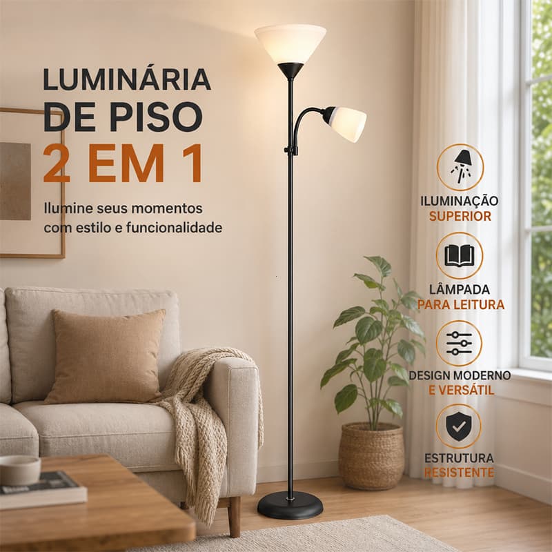 Luminária de Piso 2 em 1, Luz Principal + Leitura, Sem Piscamento, 170cm