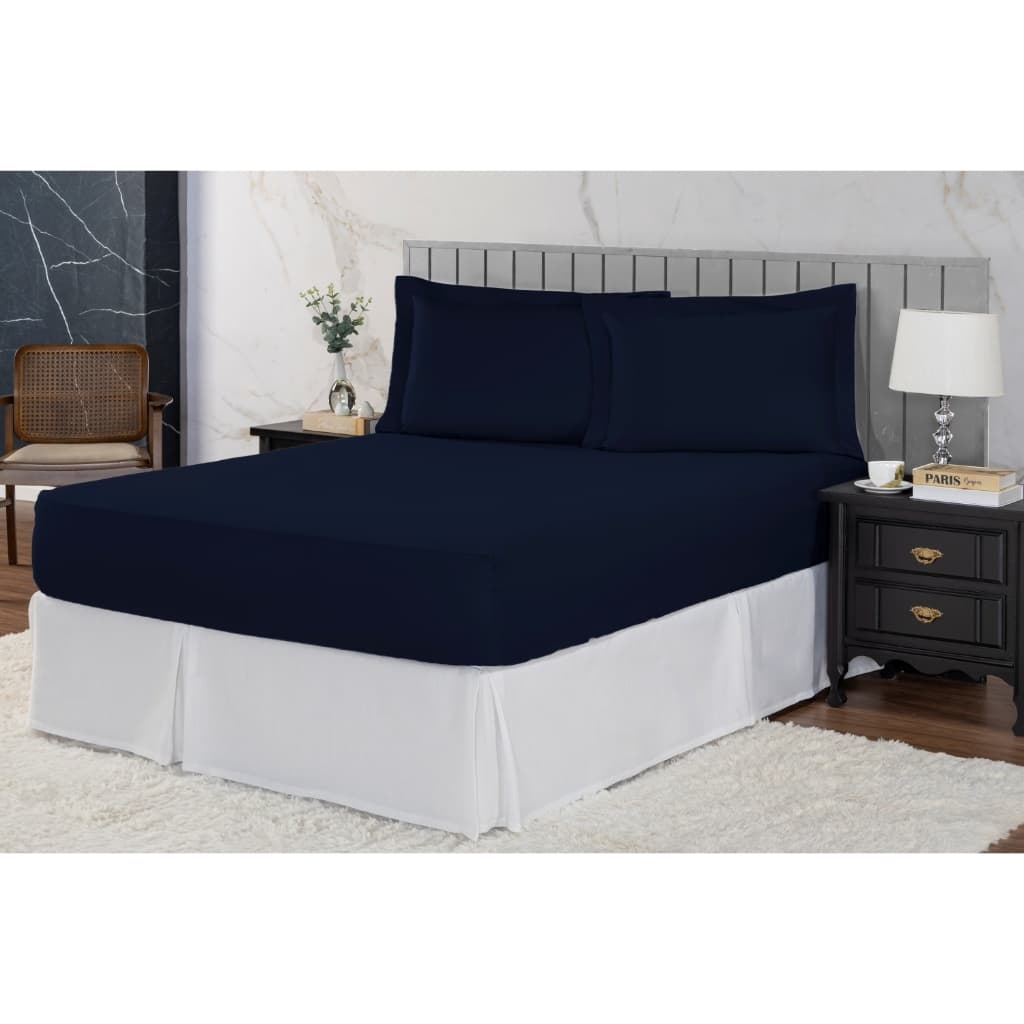 Jogo de Cama Casal Padrão 400 Fios Percal 03 Peças Com Aba Azul Marinho