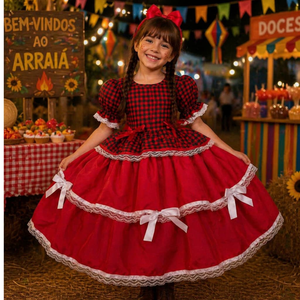 Vestido Festa Junina Infantil  Vermelho Menina Rodado Com laços