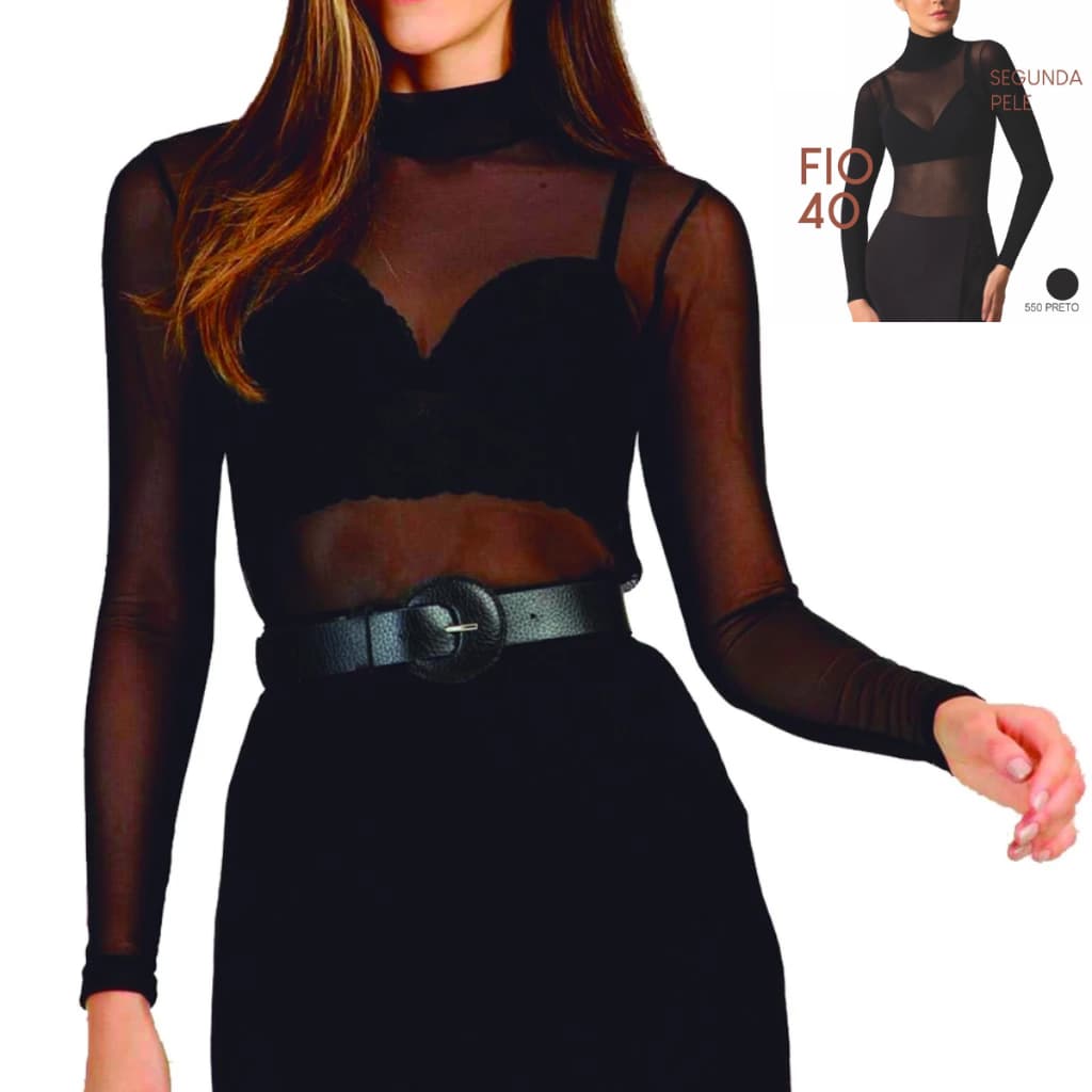 Blusa Segunda Pele Fio 40 Manga Longa SELENE Original Gola Alta Preta Transparente Moda Inverno