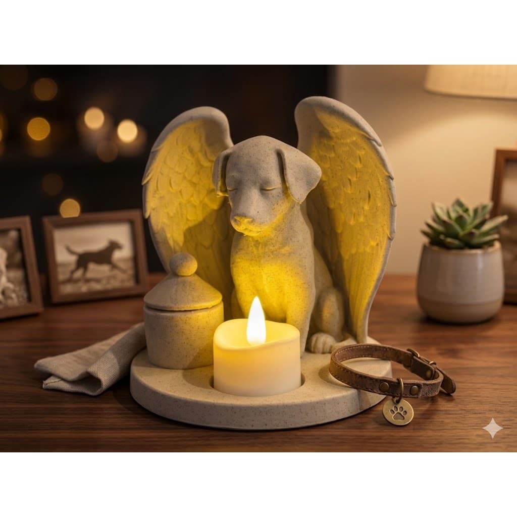 🐾 Memorial Pet Anjo com Urna e Vela LED – Uma Homenagem Eterna