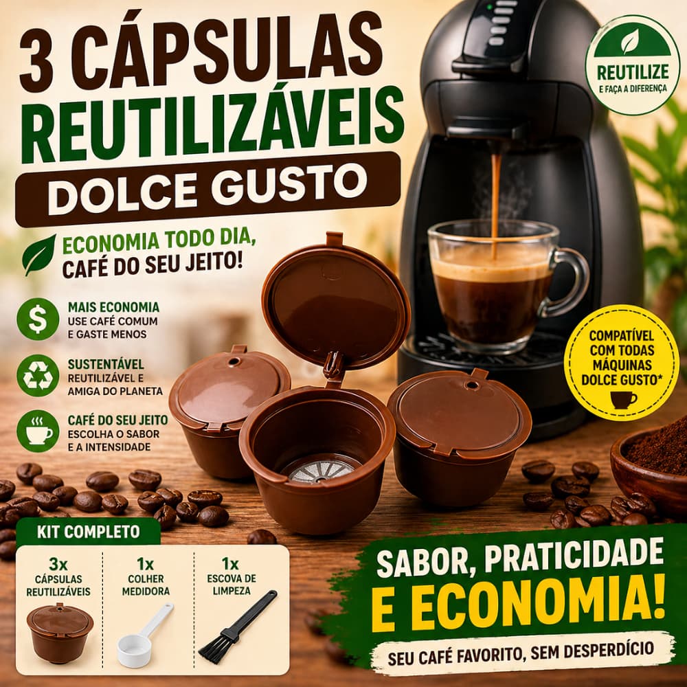 3 Cápsula Reutilizável Dolce Gusto Café Filtro Recarregável Compatível Kit com Colher Medidora e Escova