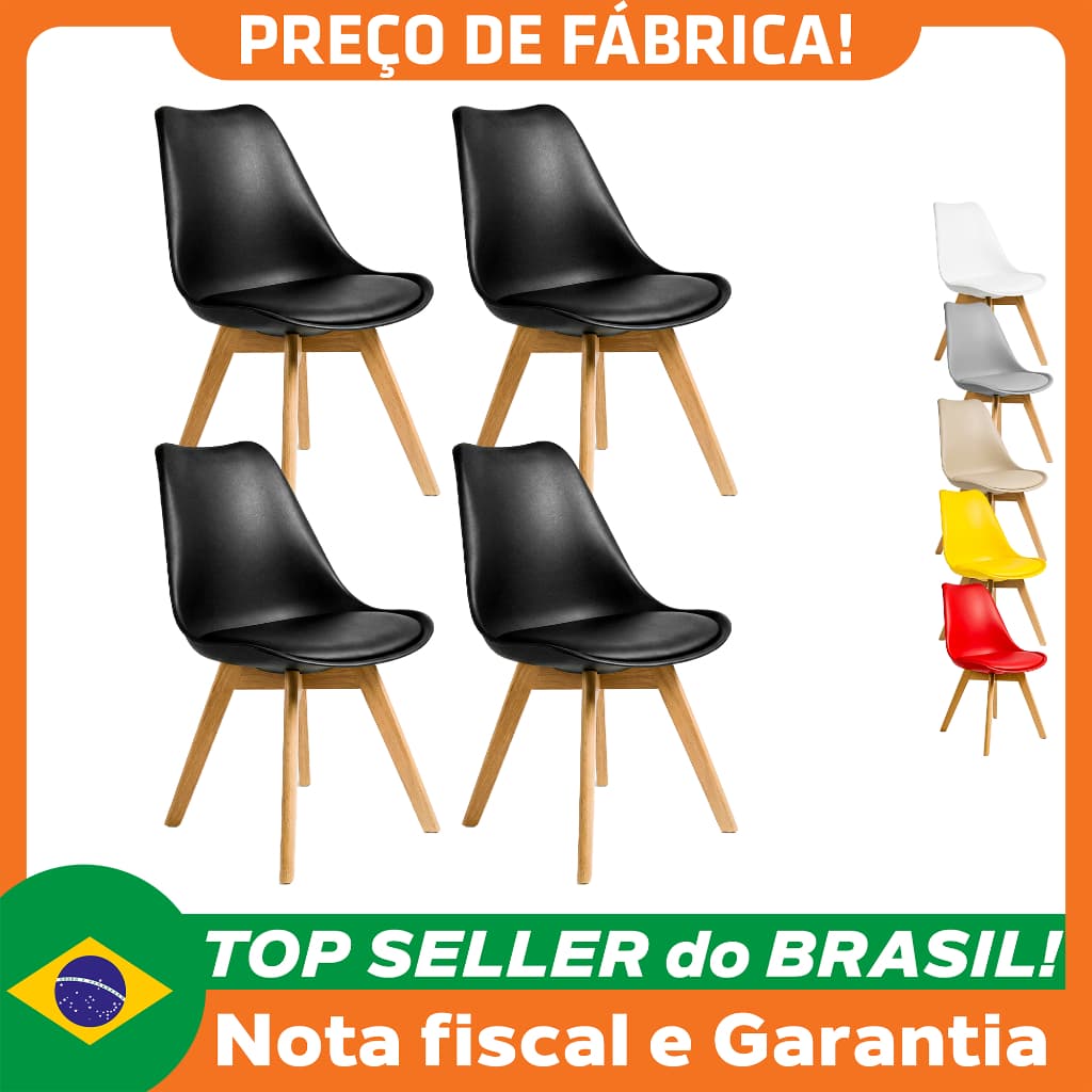 Kit 4 Cadeiras Charles Eames Leda Joly Luisa Saarinen Design Madeira Wood Estofada Base Madeira Confortável
