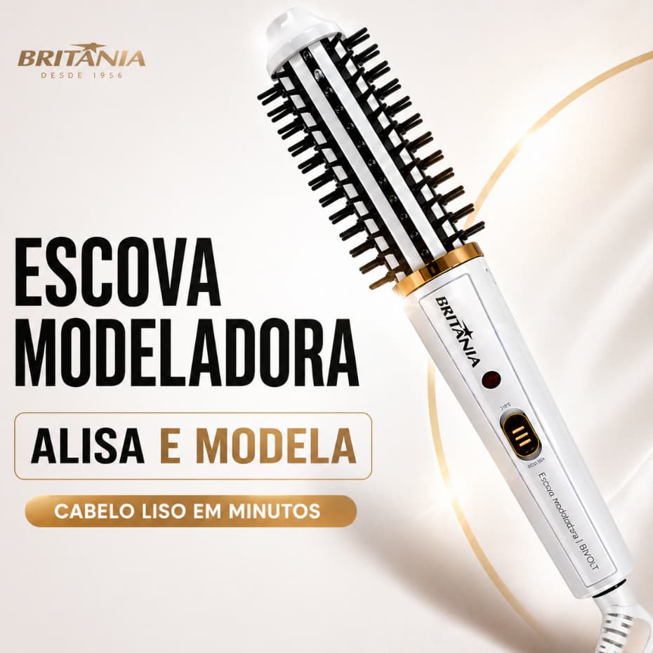 Escova Modeladora Britânia para Cabelos Alisa Seca Modela  Dá Volume Profissional  2 em 1 Bivolt