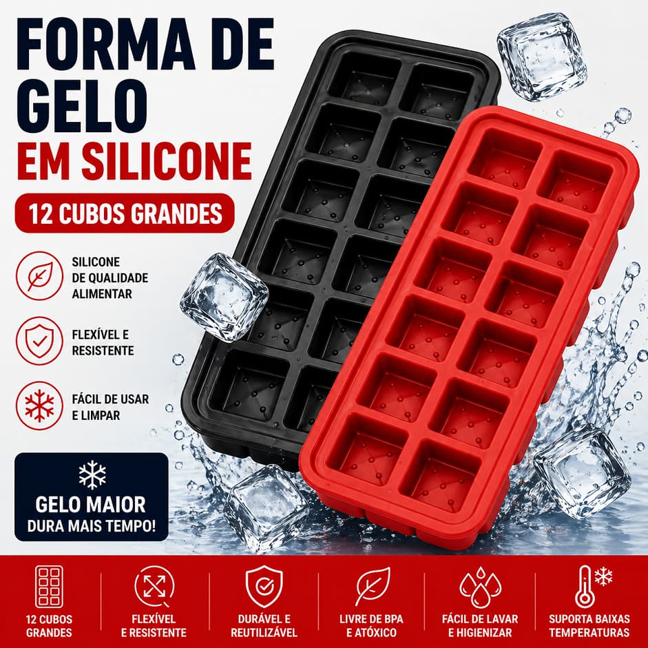 Forma de Gelo em 100% Silicone 12 Cubos Solta Fácil sem Tampa
