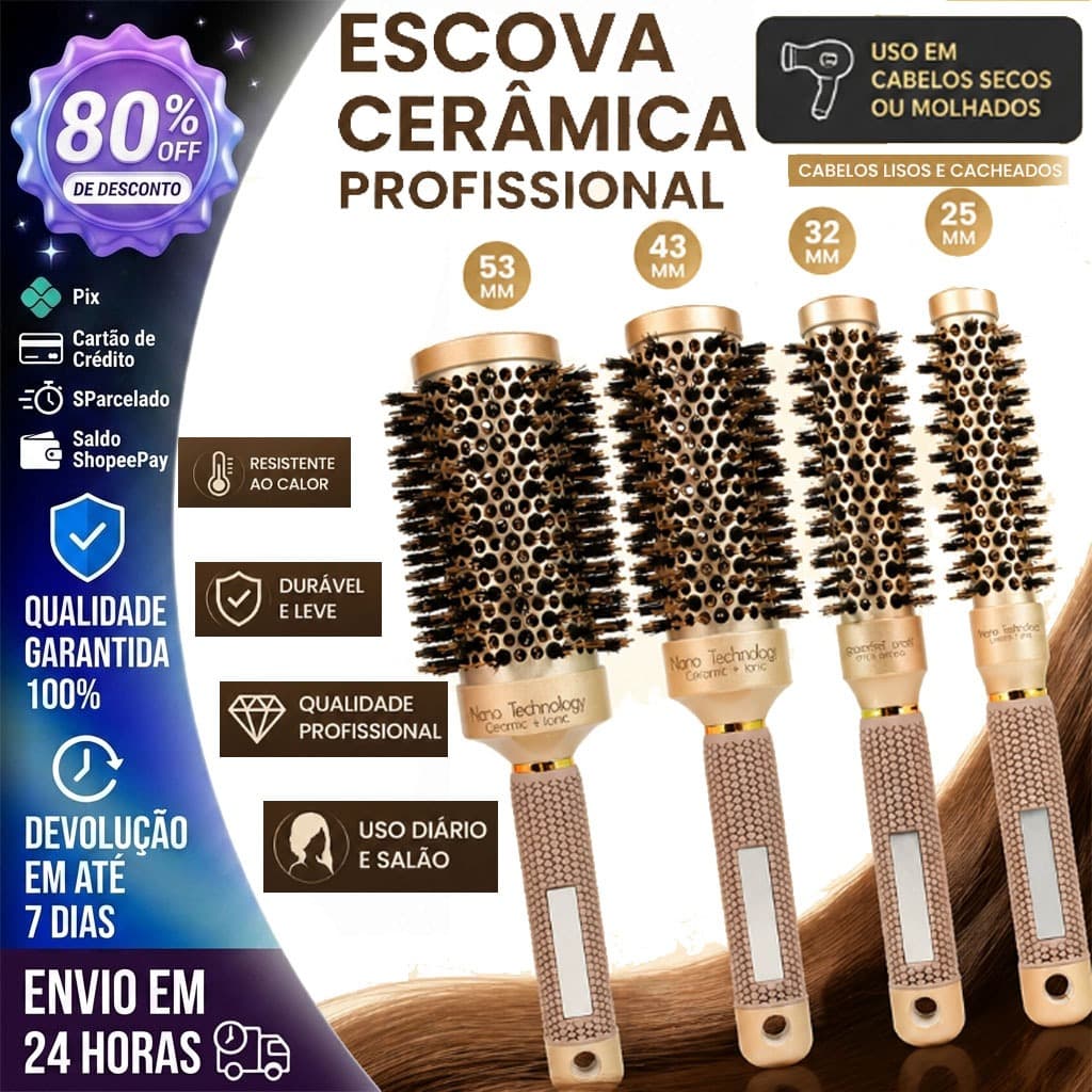 Escova Profissional Térmica para Cabelo com Cerdas de Nylon e Javali – Nano Tecnologia, Resistente ao Calor, Cor Dourada
