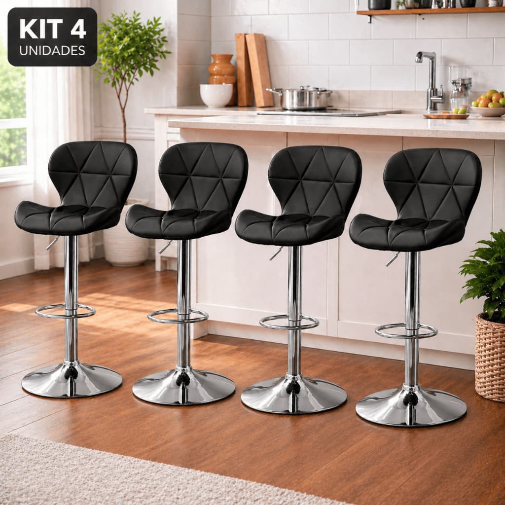 Kit 4 Banqueta Slim Estofada Giratória c/ Regulagem Cozinha Sala Escritório Clínica Salão Conforto
