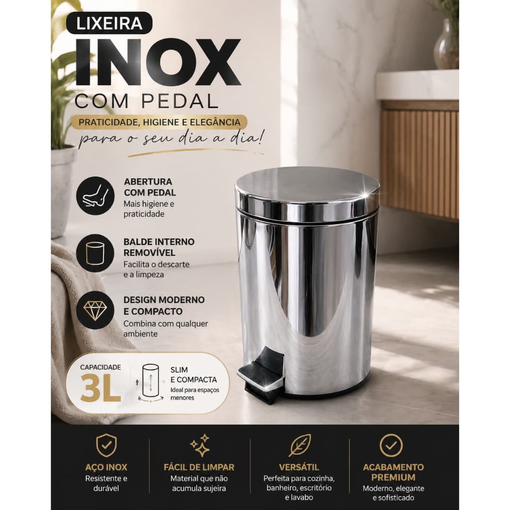 Lixeira Aco Inox 3 Litros Pedal Balde Interno Removivel Duravel Pratica Organizar