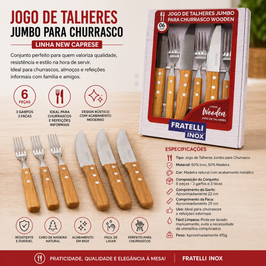 Conjunto Talheres Churrasco Madeira Grelha BBQ Churrasqueiro Aço Inox 6 Peças