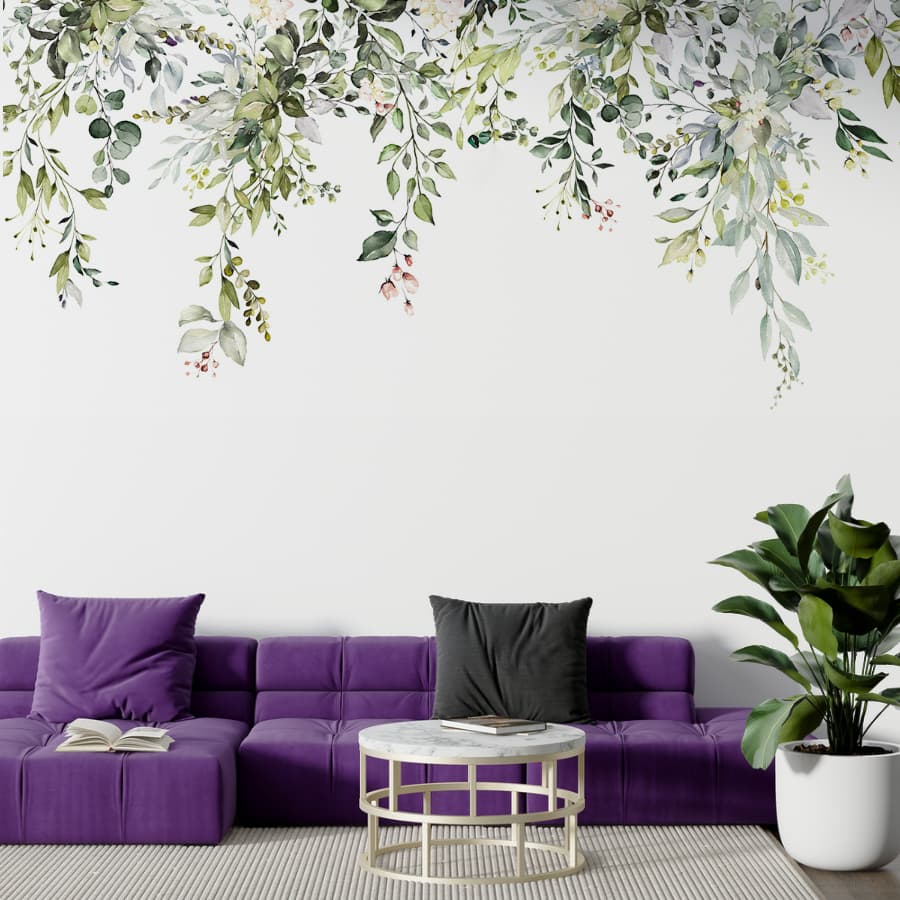 Papel De Parede Adesivo Floral Folhas Verdes Suspensas - Vinil Autocolante