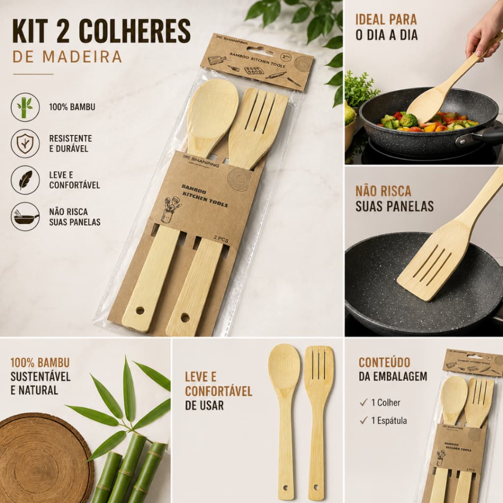 Kit Colher de Madeira 2 Peças Bambu Cozinha Espátula Antiaderente Resistente Premium
