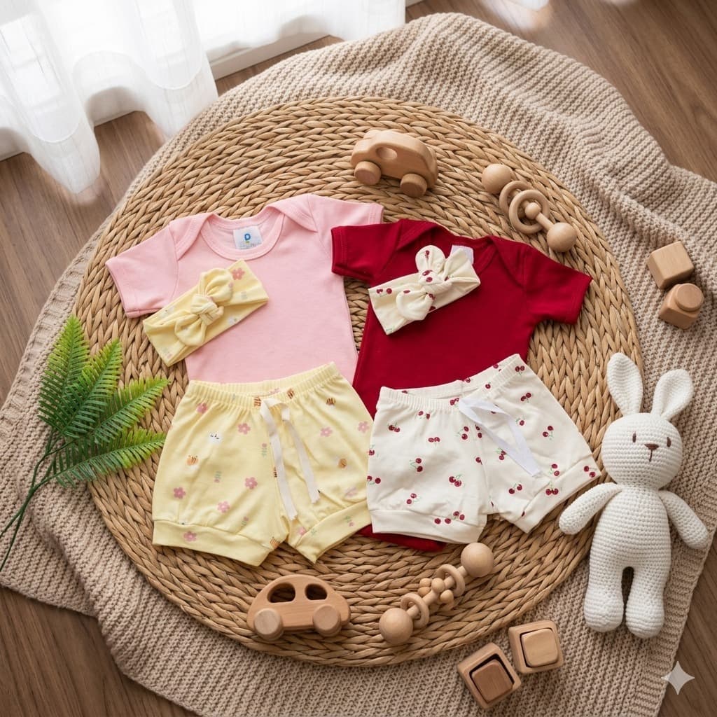 Kit 2 Conjuntos de Bebê Menina Body e Short e Tiara Malha Algodão Dali Baby