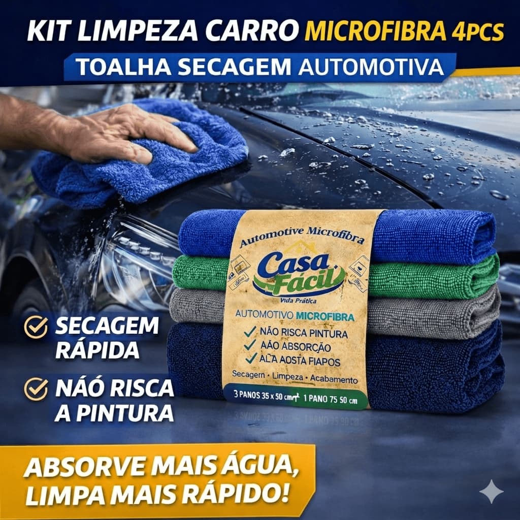 Kit Limpeza Carro Microfibra 4pcs Toalha Secagem Automotiva Não Risca Alta Absorção