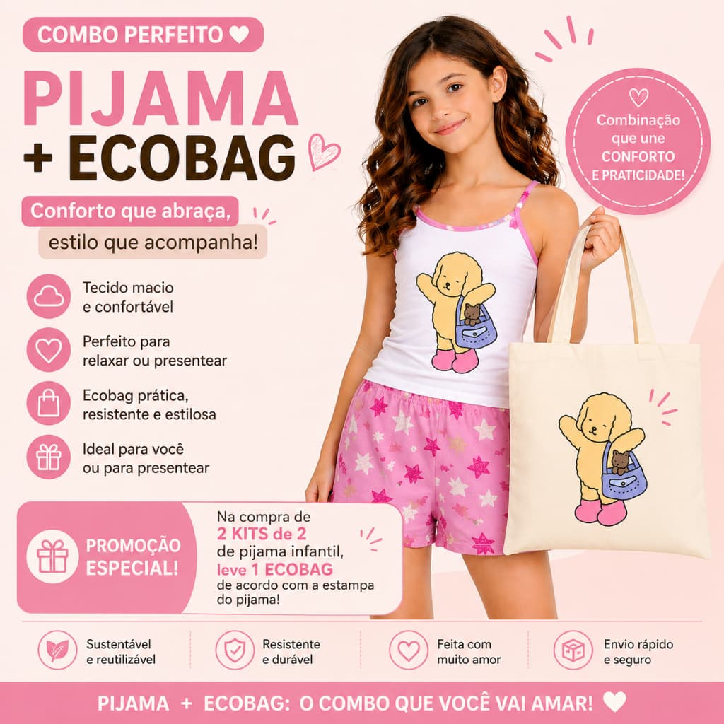 Kit 2 Pijamas Infantil Calor + Ecobag Brinde Estampado Sortido Feminino Baby Doll