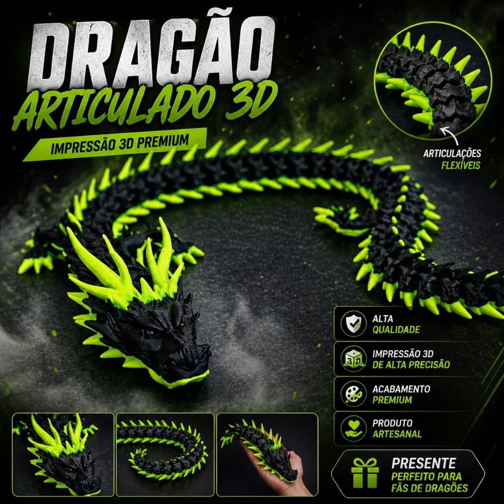 Dragão Articulado 3D Grande | Decorativo Geek Flexível | Presente Criativo Premium 42cm