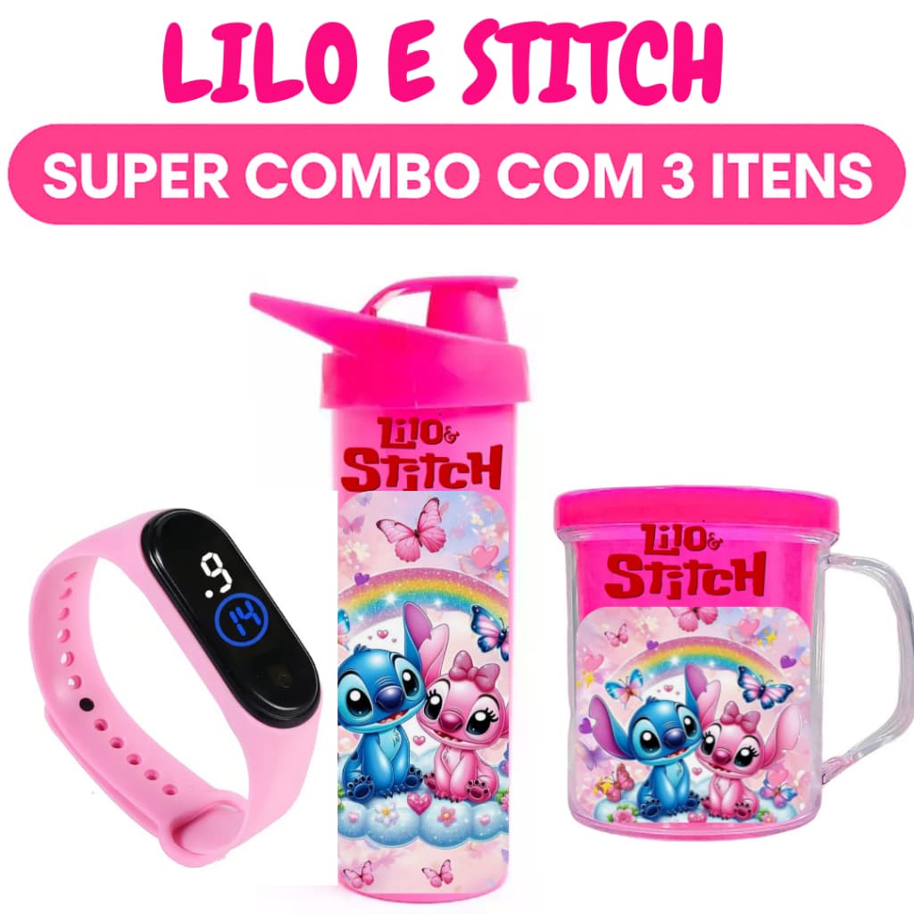Lilo Stitch Garrafa Copo e Relógio Digital Infantil – Presente Perfeito - Nome da Criança