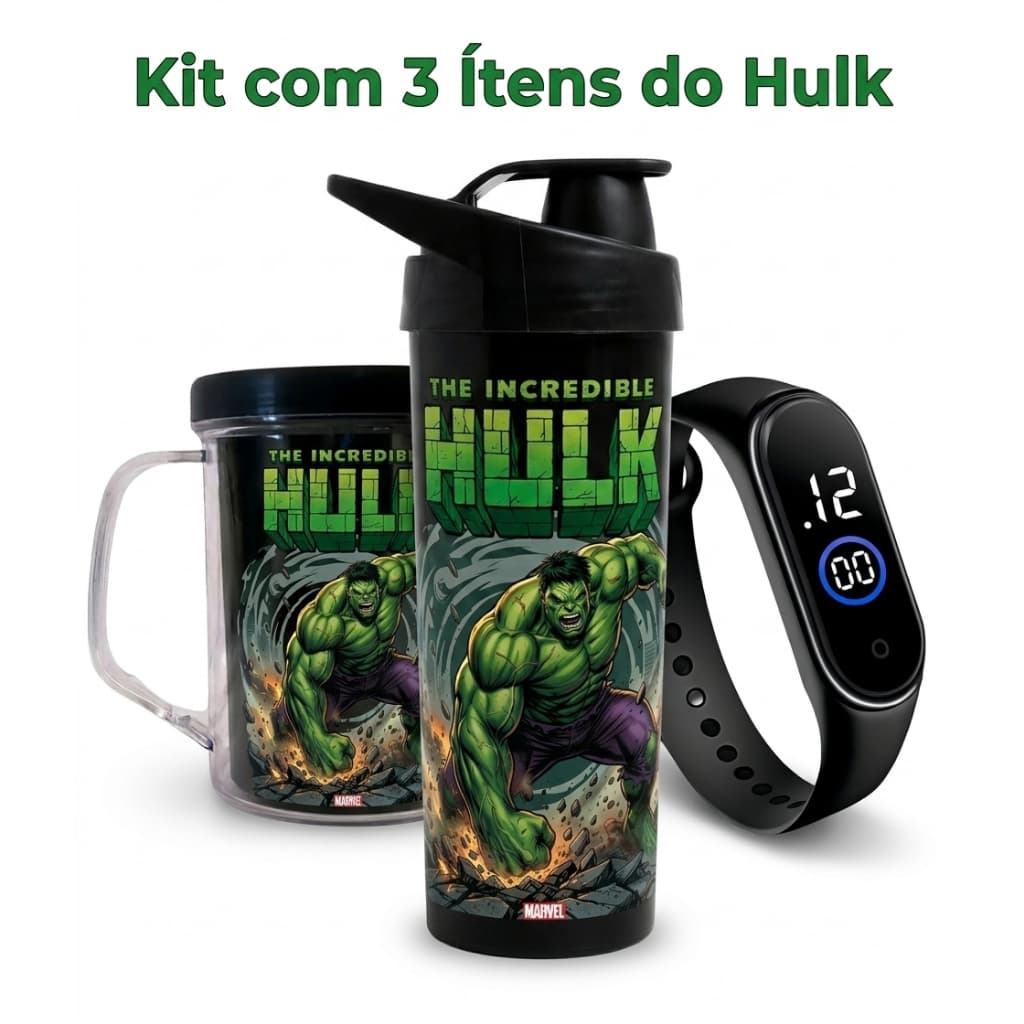 HULK - Garrafa Copo Relógio Digital Infantil - Presente Aniversário Com Nome da Criança Envio Full