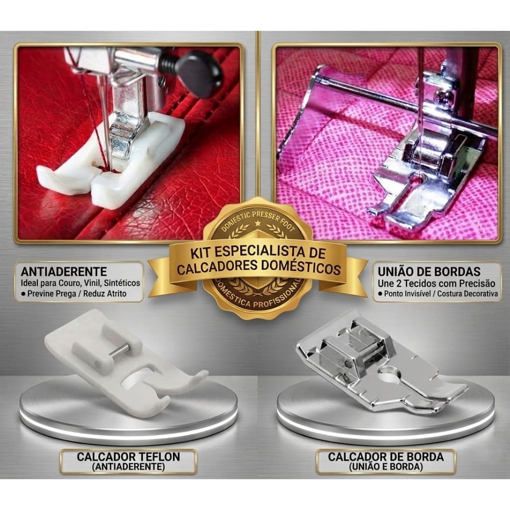 Kit 2 Pçs Calcadores Teflon/Malha/Plástico/Couro/Vinil/Lona/Cetim Pé Metal pra Metalassê Acolchoados Costura Criativa