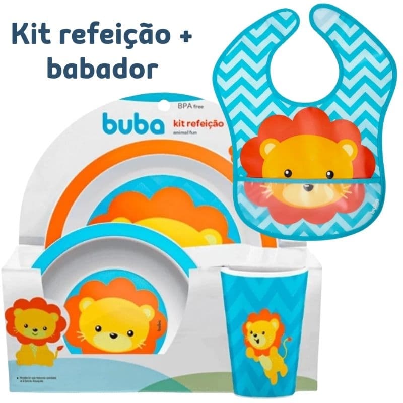 Kit Refeição bebê + Babador impermeável Buba animal fun- Introdução alimentar, prato, copo, leão