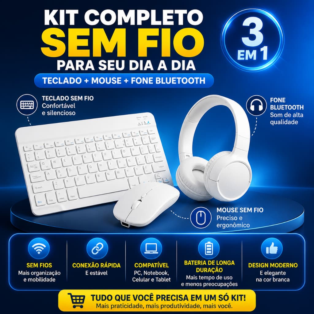 Kit Teclado e Mouse Sem Fio + Fone Bluetooth Tune 510 Branco Combo Completo PC Notebook
