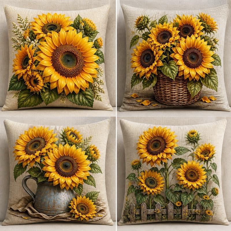 Kit 4 capas de almofadas estampadas estampa flores girassol 45x45