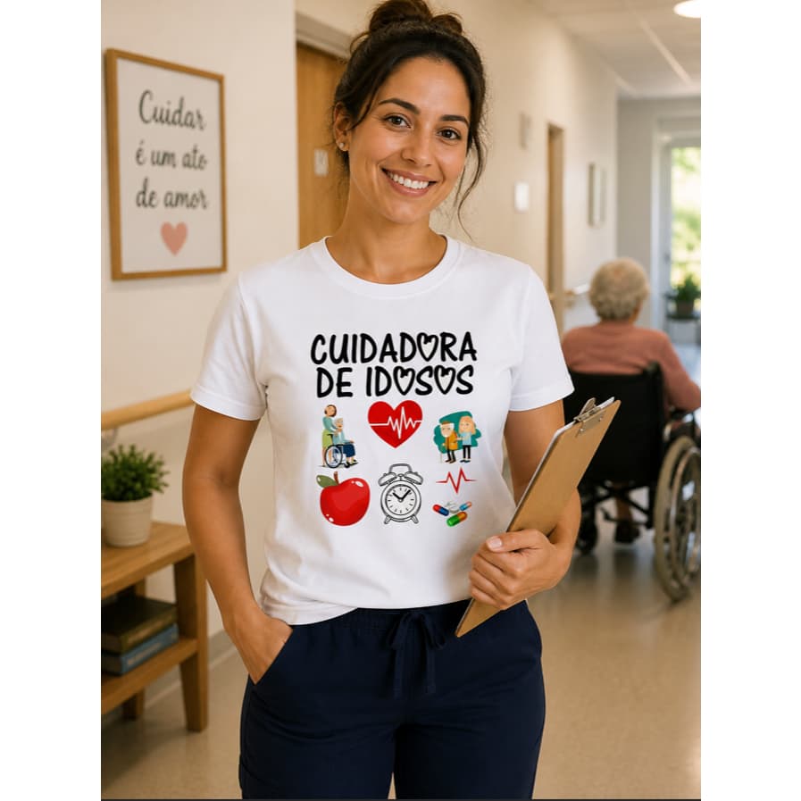 Camiseta Cuidadora de Idosos Feminina T-Shirt Blusa Algodão 30.1