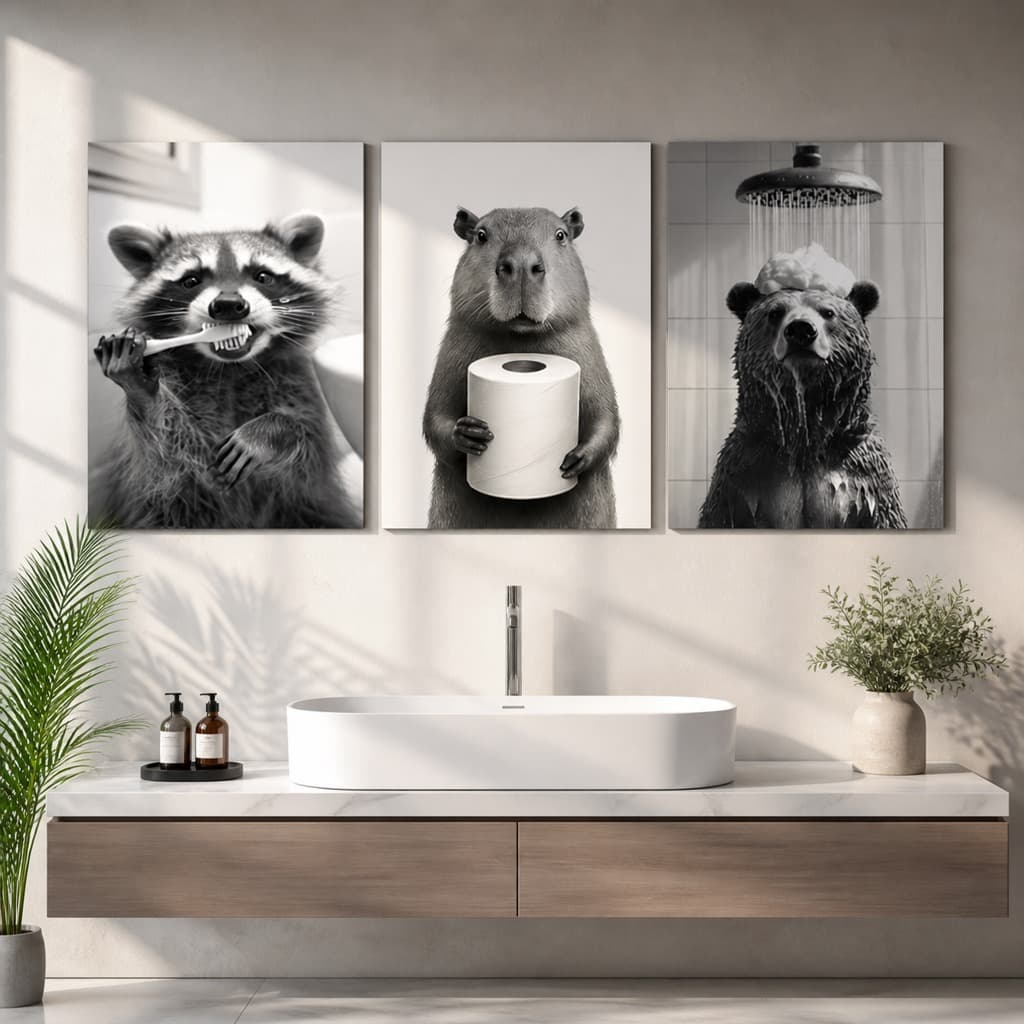 Kit 3 Quadros Decorativos Banheiro Urso Guaxinim Capivara Arte Engraçada em MDF para Lavabo Sala