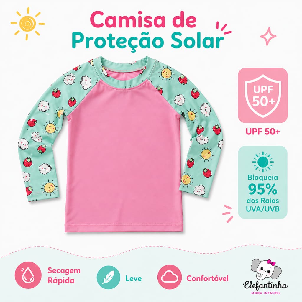 Camiseta de Proteção Solar Infantil UV 50+ Camisa Proteção Solar Bebê Menino Menina