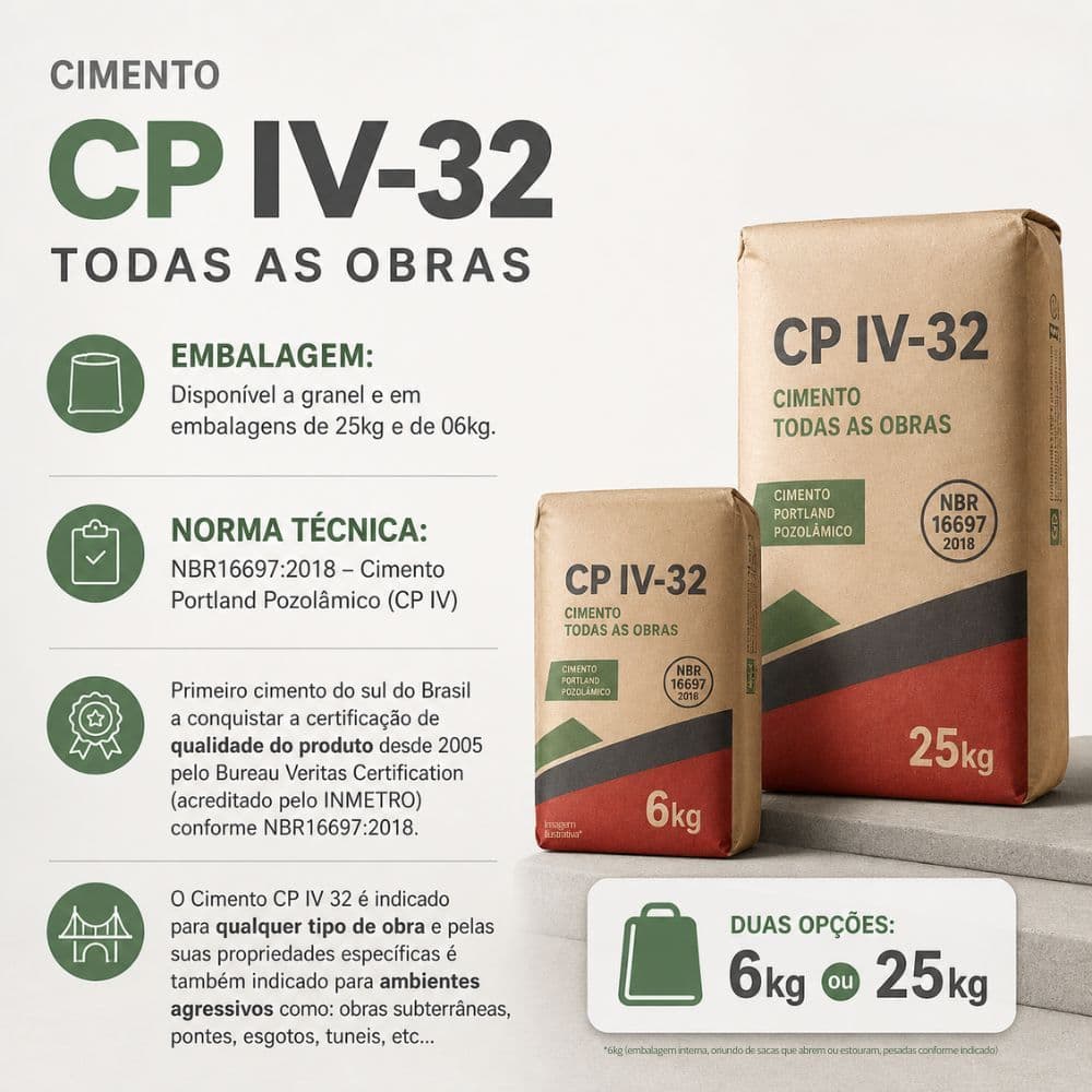 Cimento CP IV-32 Pozolânico Todas as Obras | 6kg ou 25kg | NBR 16697 | Alta Resistência