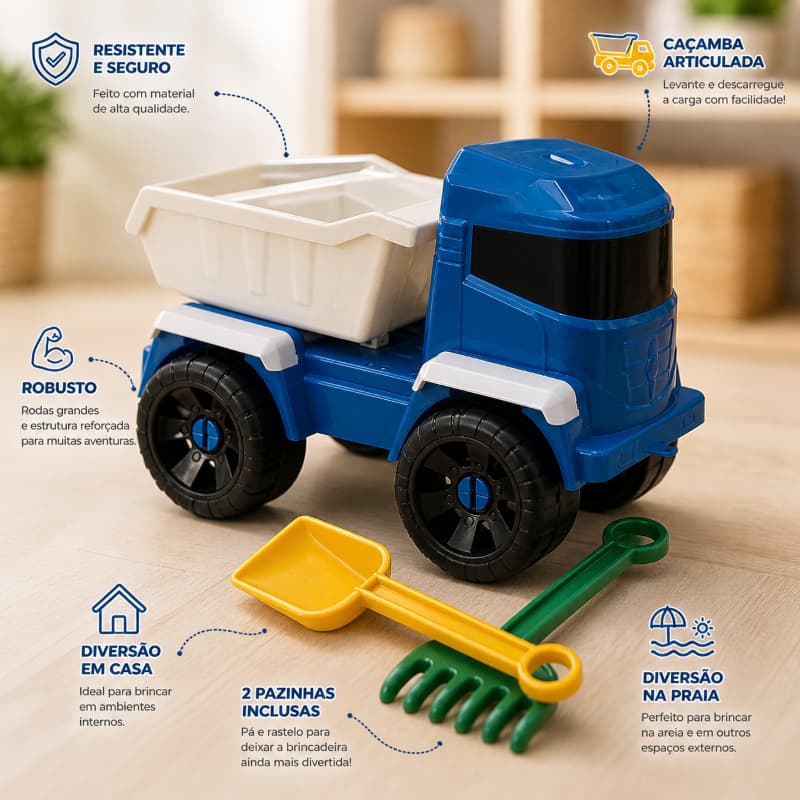 Caminhão Grande Brutos Com Caçamba Articulada Para Praia Infantil Pá Rastelo e De Carrinho Brinquedo