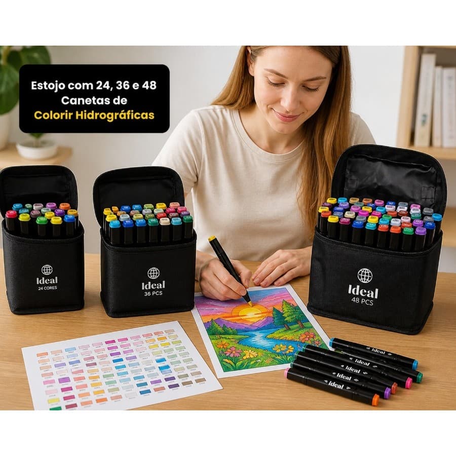 Estojo Canetas Hidrográficas Coloridas 24 36 48 Unidades Desenho Escolar