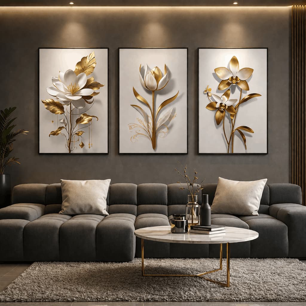 Kit 3 Quadros Decorativos Flores Brancas Douradas Luxo Sala Quarto MDF